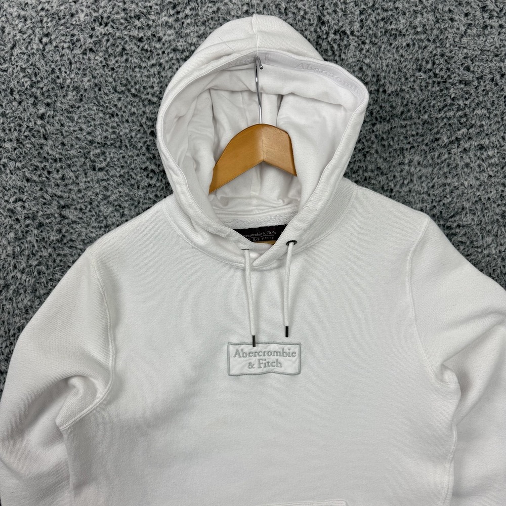 Abercrombie & Fitch Hoodie Mens Medium White Soft Fleece Pullover Logo Patch
